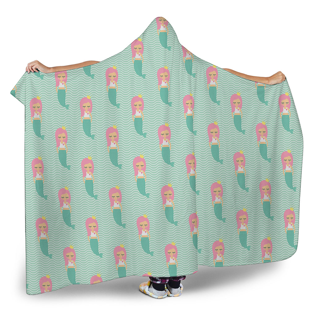 Cute Mermaid Pattern Print Hooded Blanket