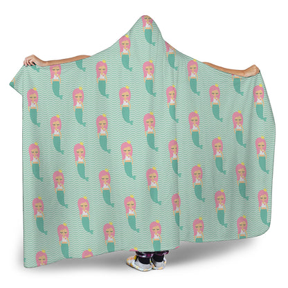 Cute Mermaid Pattern Print Hooded Blanket