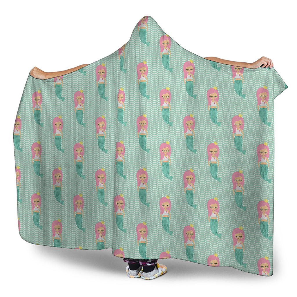 Cute Mermaid Pattern Print Hooded Blanket