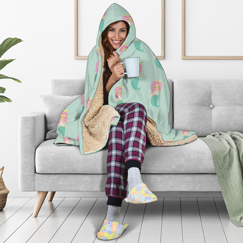 Cute Mermaid Pattern Print Hooded Blanket