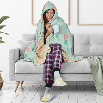 Cute Mermaid Pattern Print Hooded Blanket