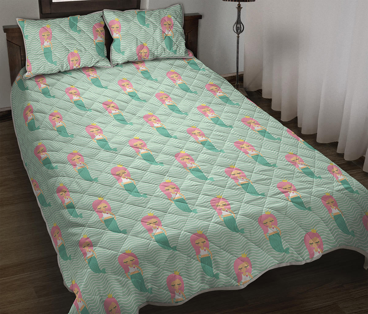 Cute Mermaid Pattern Print Quilt Bed Set