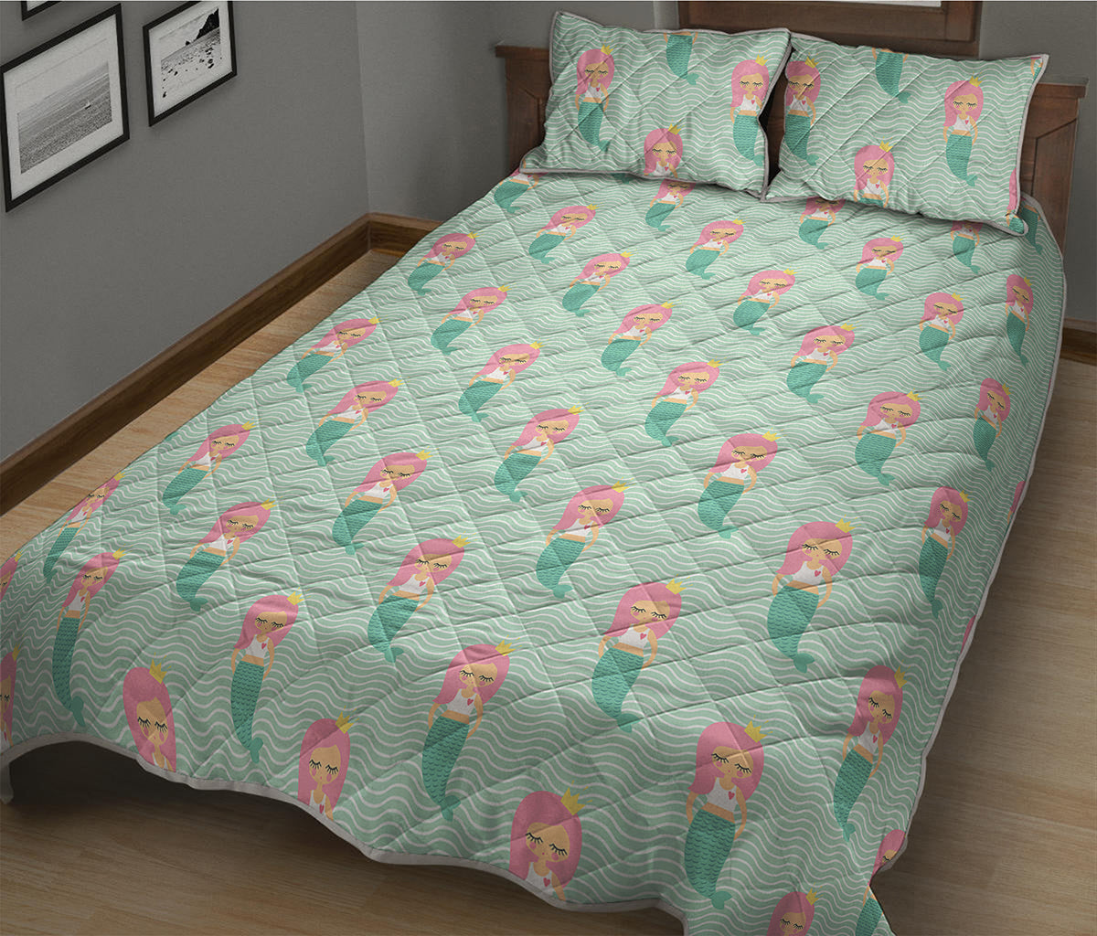 Cute Mermaid Pattern Print Quilt Bed Set