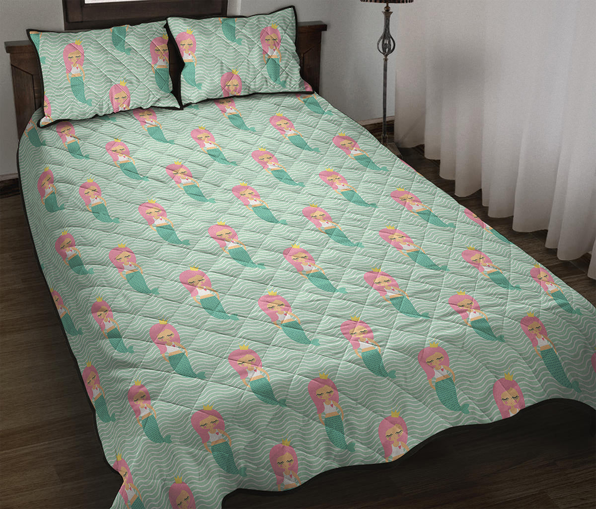 Cute Mermaid Pattern Print Quilt Bed Set