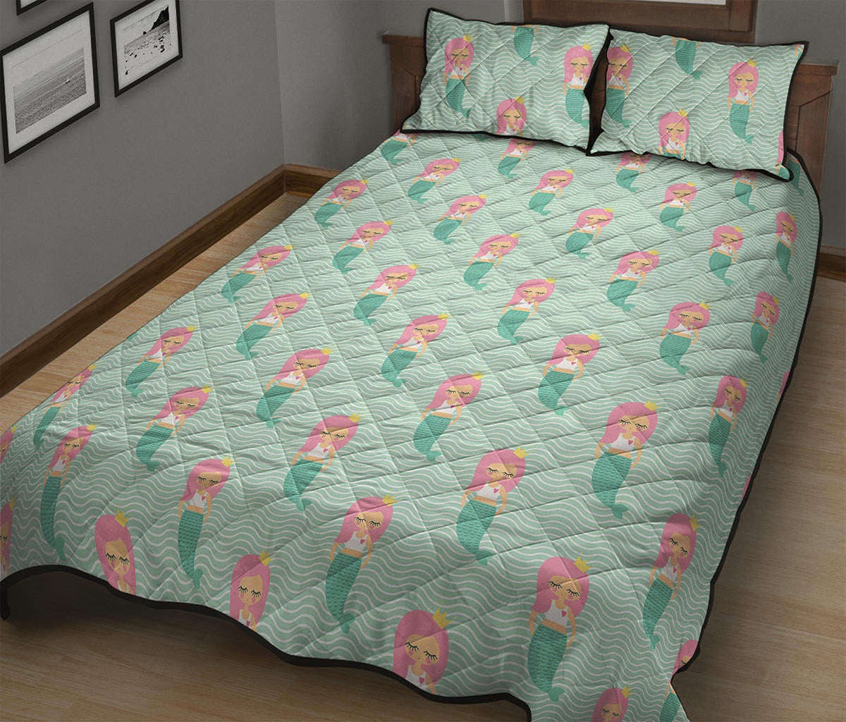 Cute Mermaid Pattern Print Quilt Bed Set