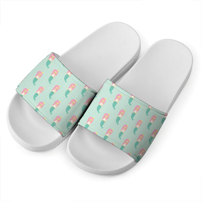 Cute Mermaid Pattern Print White Slide Sandals