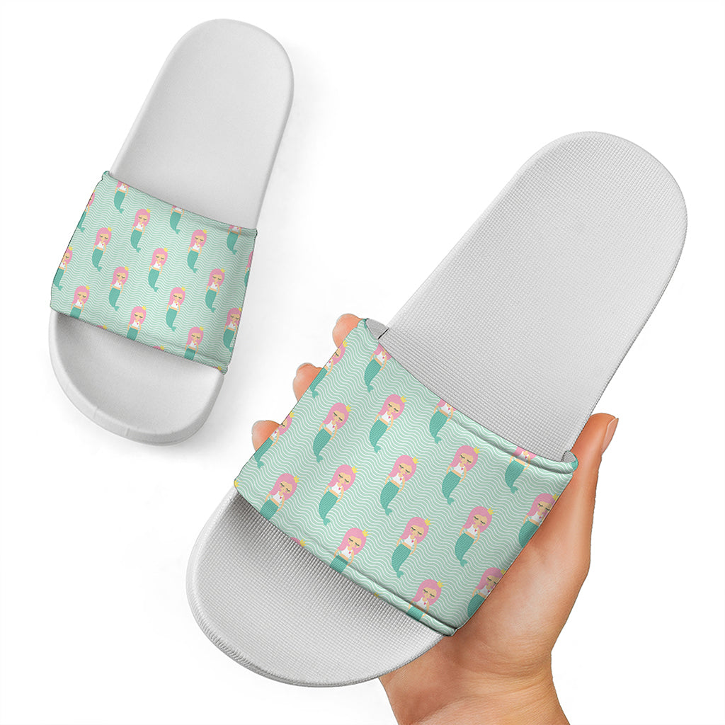 Cute Mermaid Pattern Print White Slide Sandals