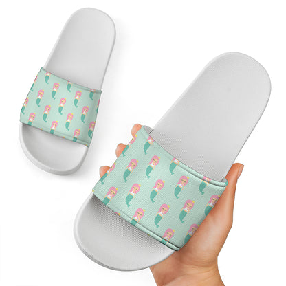Cute Mermaid Pattern Print White Slide Sandals