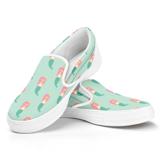 Cute Mermaid Pattern Print White Slip On Shoes