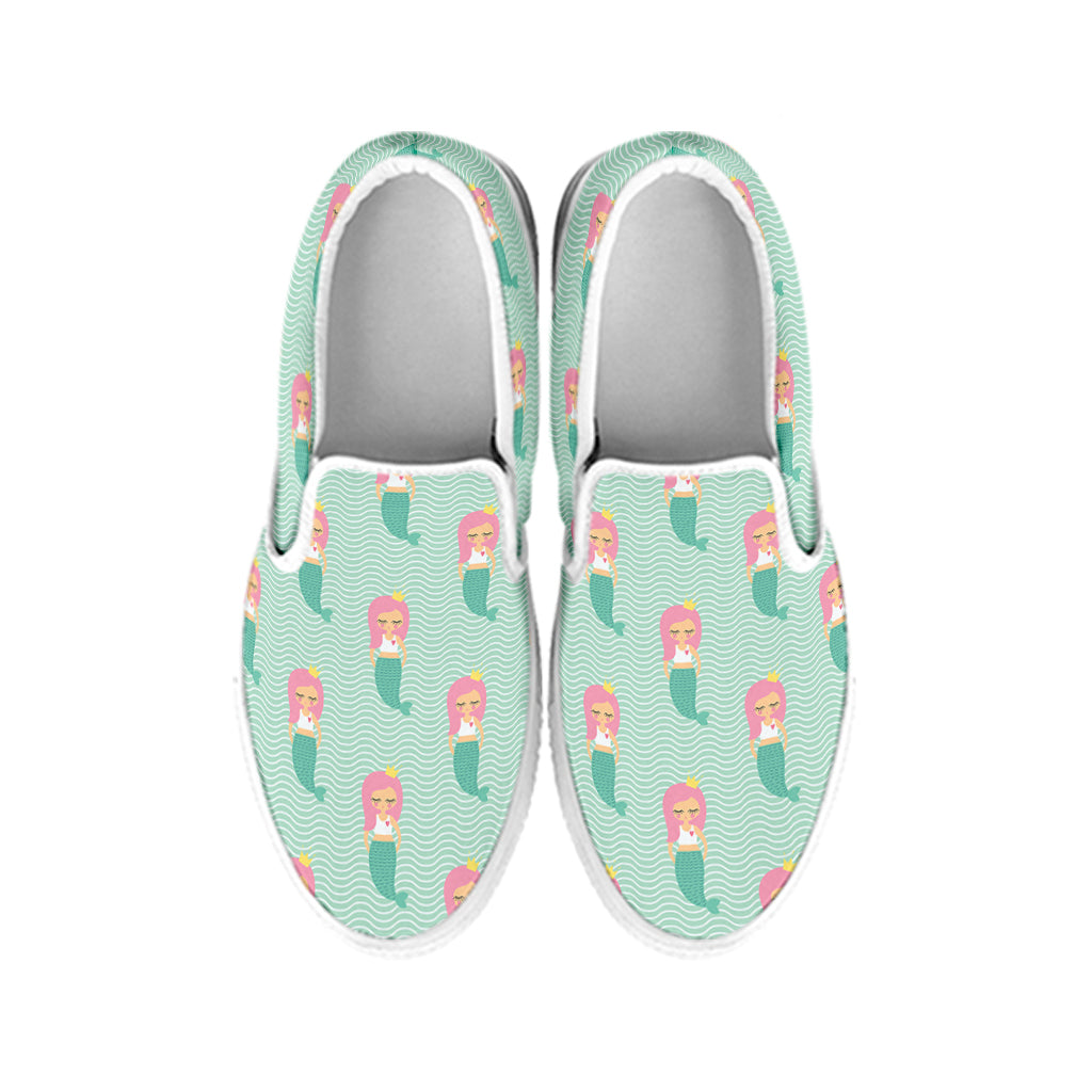 Cute Mermaid Pattern Print White Slip On Shoes