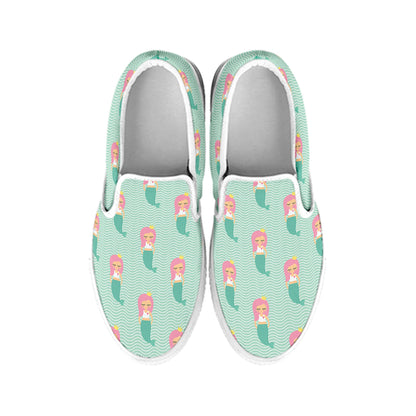 Cute Mermaid Pattern Print White Slip On Shoes
