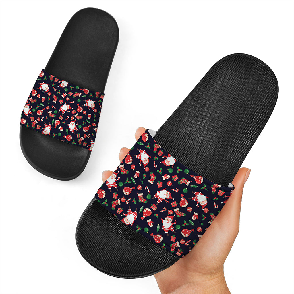 Cute Merry Christmas Pattern Print Black Slide Sandals