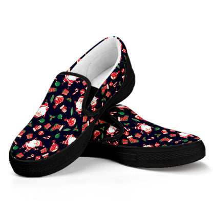 Cute Merry Christmas Pattern Print Black Slip On Shoes