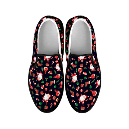 Cute Merry Christmas Pattern Print Black Slip On Shoes