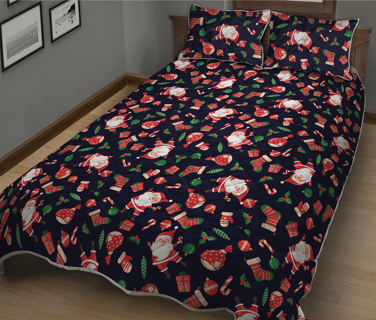 Cute Merry Christmas Pattern Print Quilt Bed Set