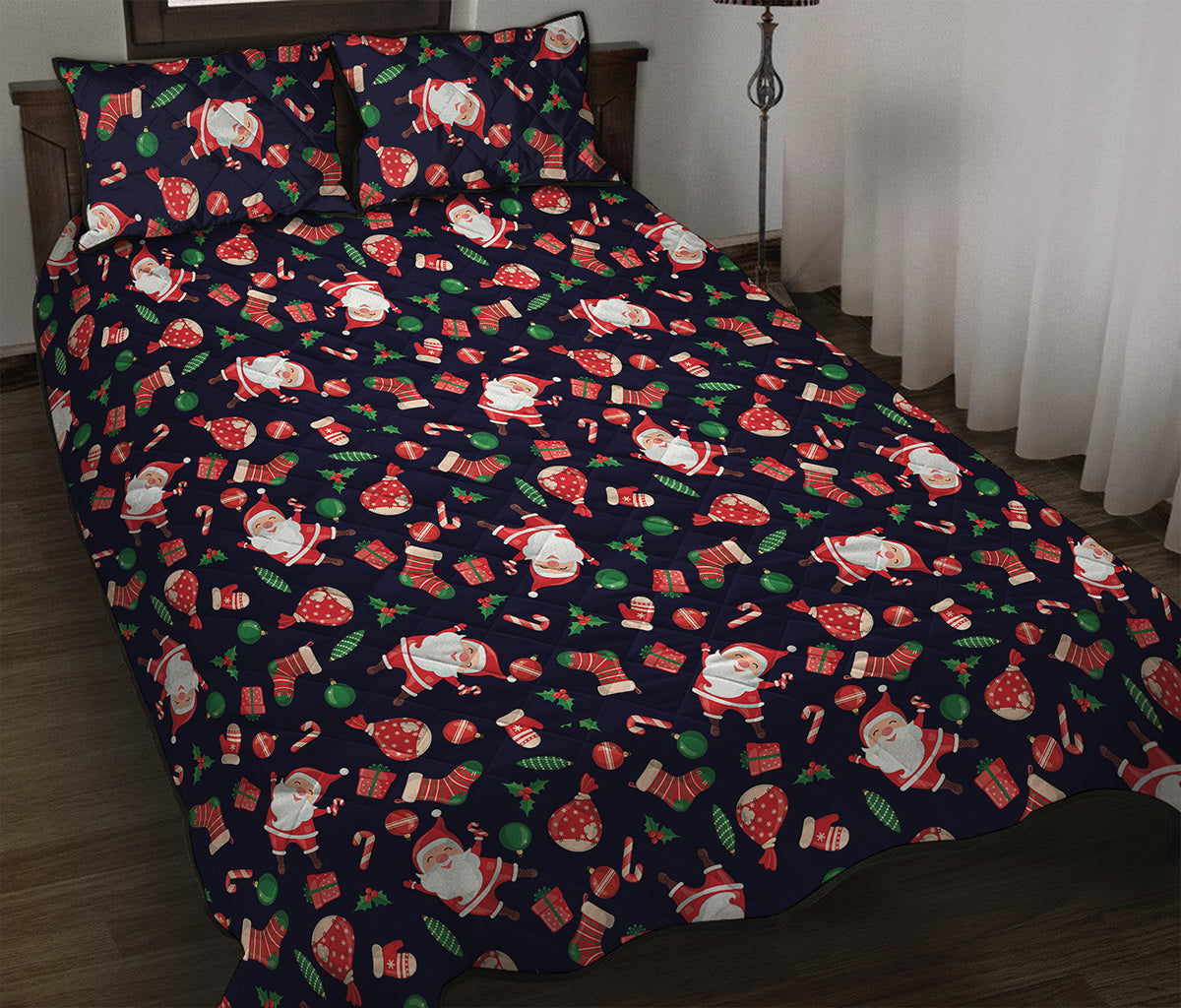 Cute Merry Christmas Pattern Print Quilt Bed Set