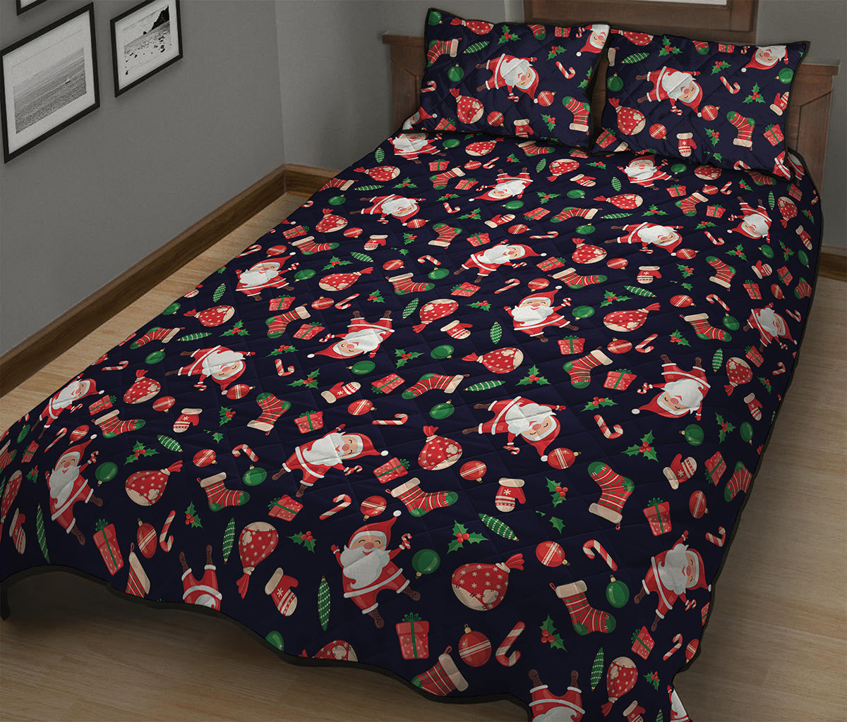 Cute Merry Christmas Pattern Print Quilt Bed Set