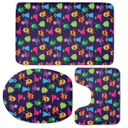 Cute Monster Pattern Print 3 Piece Bath Mat Set