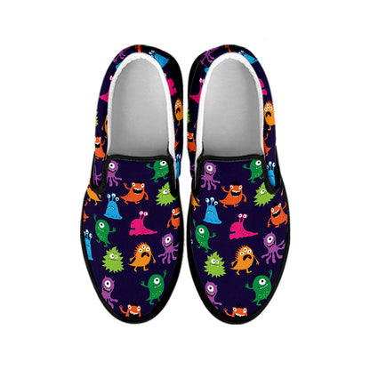 Cute Monster Pattern Print Black Slip On Shoes