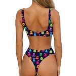 Cute Monster Pattern Print Front Bow Tie Bikini
