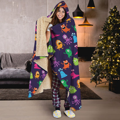 Cute Monster Pattern Print Hooded Blanket