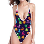 Cute Monster Pattern Print One Piece High Cut Swimsuit