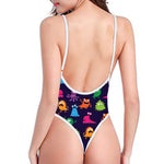 Cute Monster Pattern Print One Piece High Cut Swimsuit