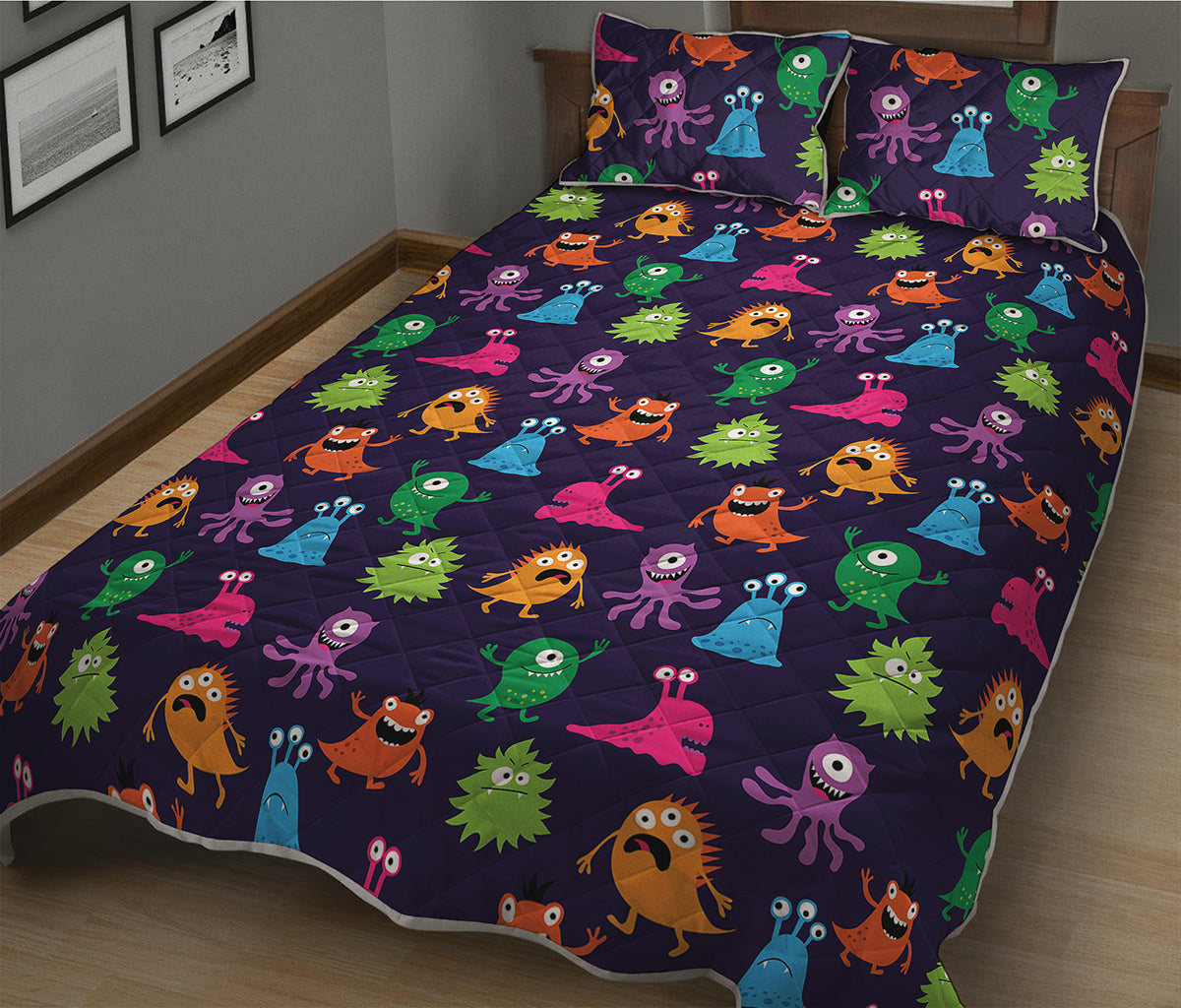 Cute Monster Pattern Print Quilt Bed Set