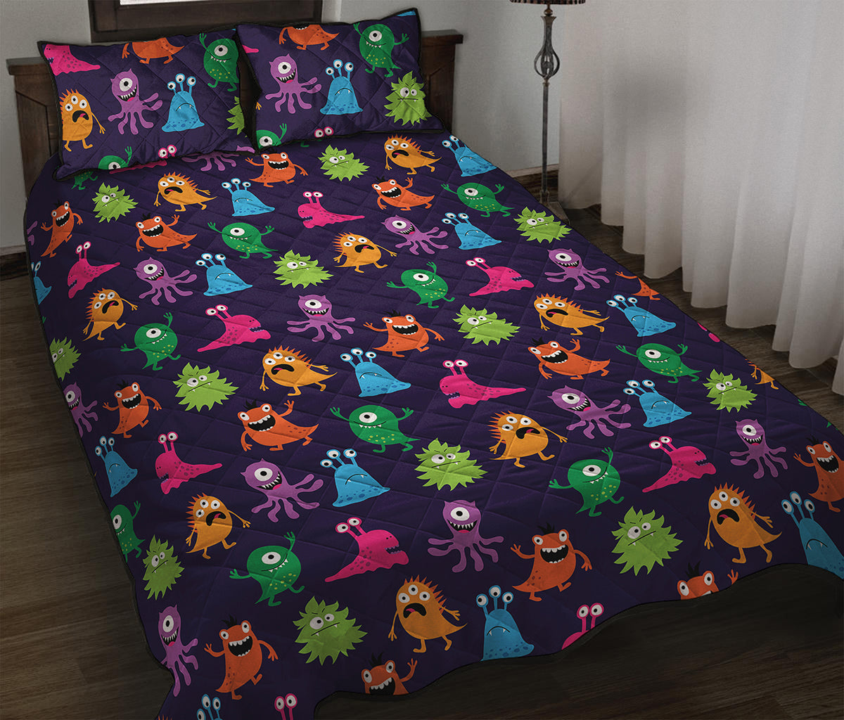 Cute Monster Pattern Print Quilt Bed Set