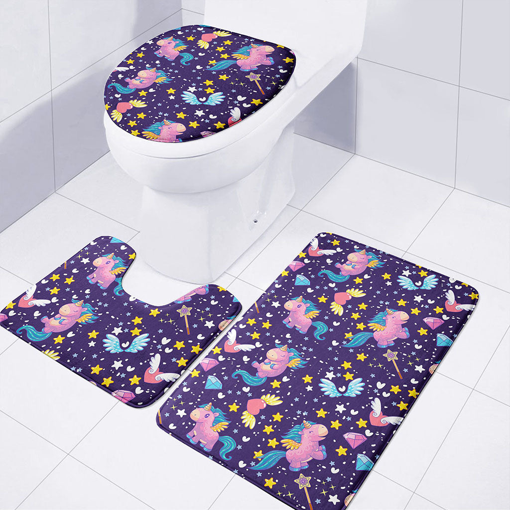 Cute Night Star Unicorn Pattern Print 3 Piece Bath Mat Set