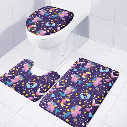 Cute Night Star Unicorn Pattern Print 3 Piece Bath Mat Set