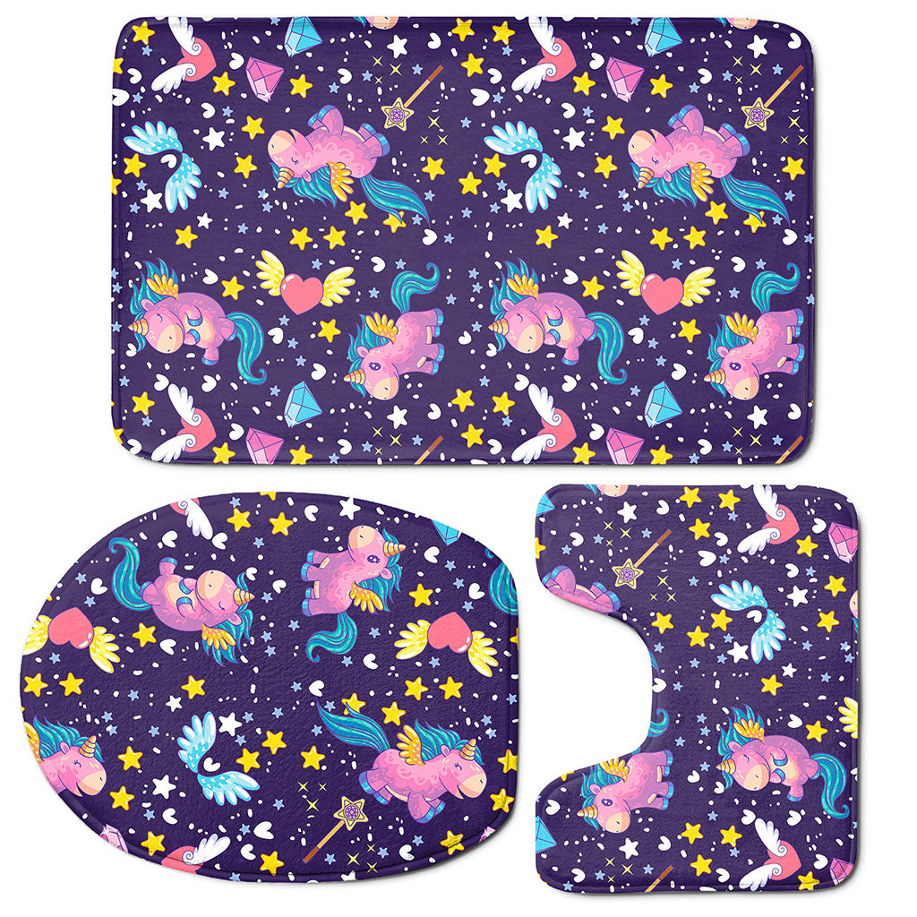 Cute Night Star Unicorn Pattern Print 3 Piece Bath Mat Set