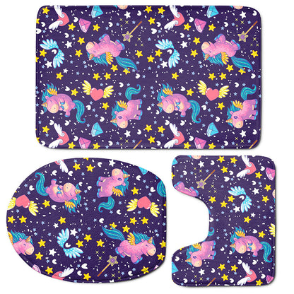 Cute Night Star Unicorn Pattern Print 3 Piece Bath Mat Set