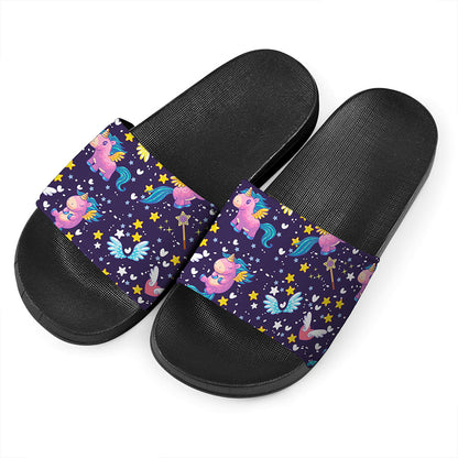 Cute Night Star Unicorn Pattern Print Black Slide Sandals