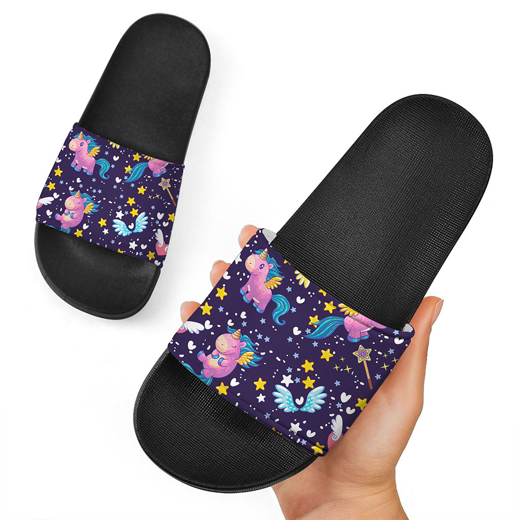 Cute Night Star Unicorn Pattern Print Black Slide Sandals