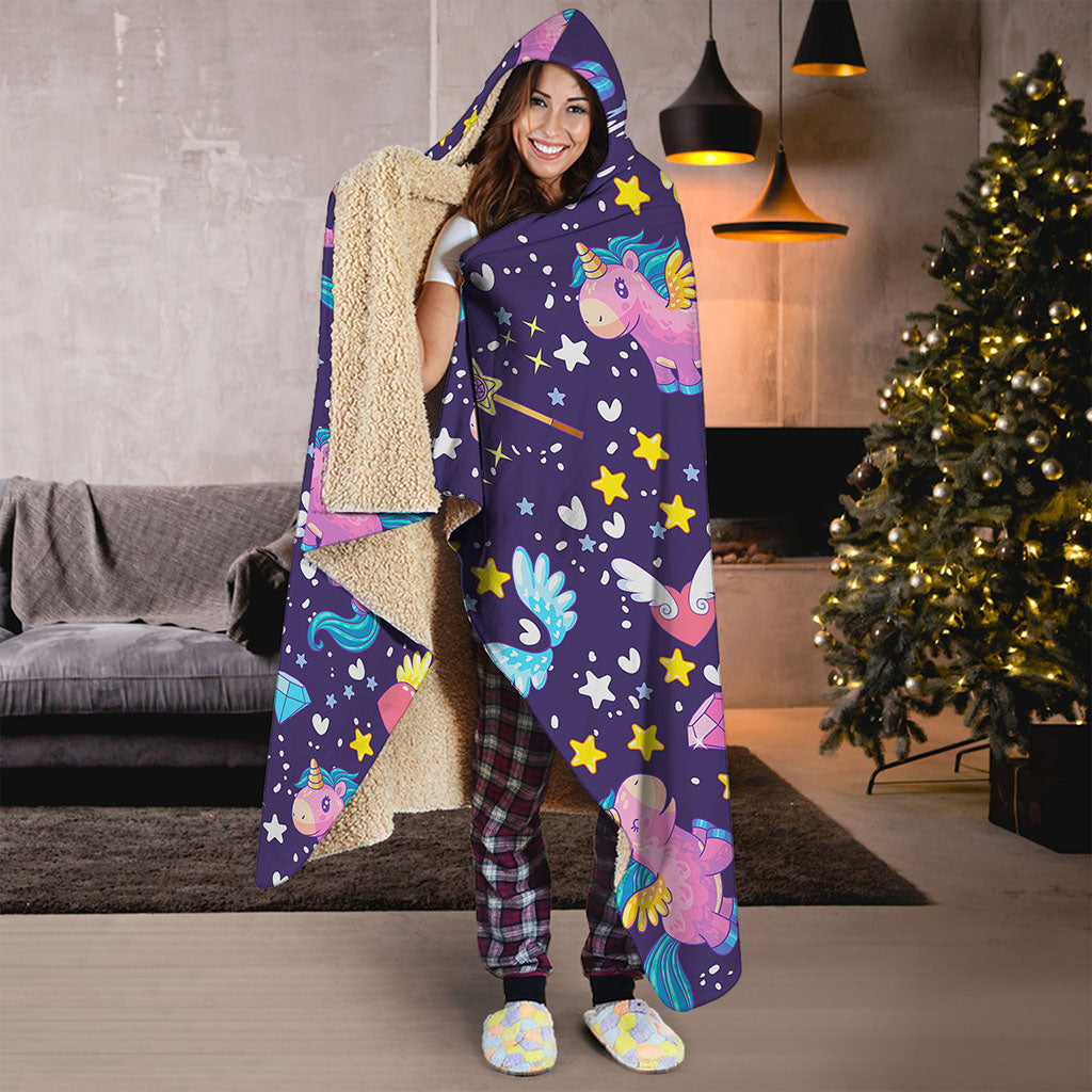 Cute Night Star Unicorn Pattern Print Hooded Blanket