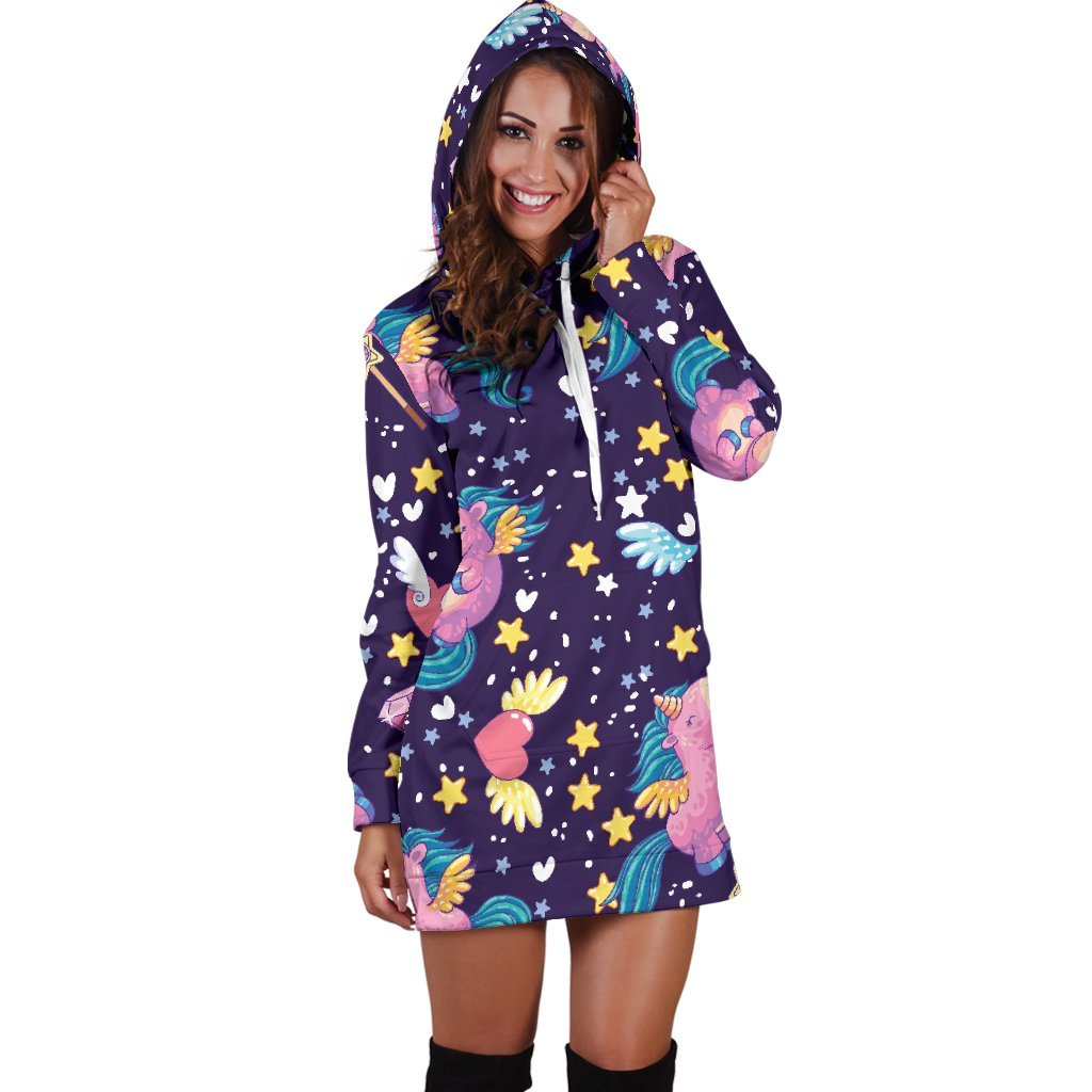 Cute Night Star Unicorn Pattern Print Hoodie Dress GearFrost