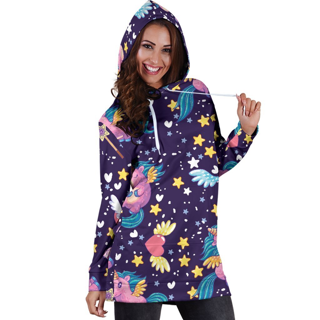 Cute Night Star Unicorn Pattern Print Hoodie Dress GearFrost