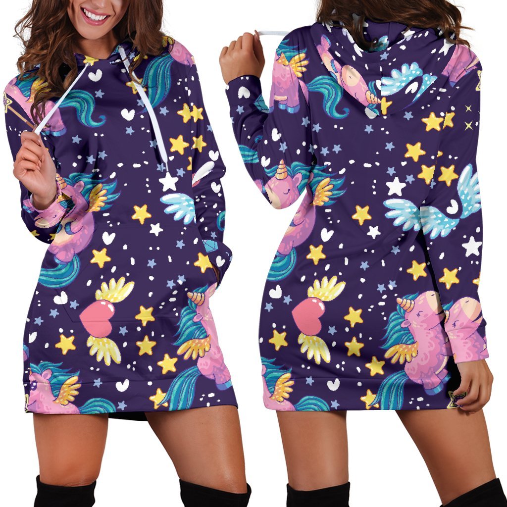 Cute Night Star Unicorn Pattern Print Hoodie Dress GearFrost