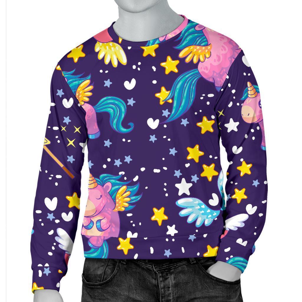 Cute Night Star Unicorn Pattern Print Men's Crewneck Sweatshirt GearFrost