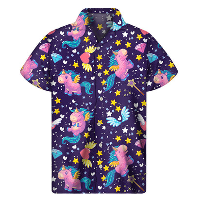 Cute Night Star Unicorn Pattern Print Men's Short Sleeve Shirt
