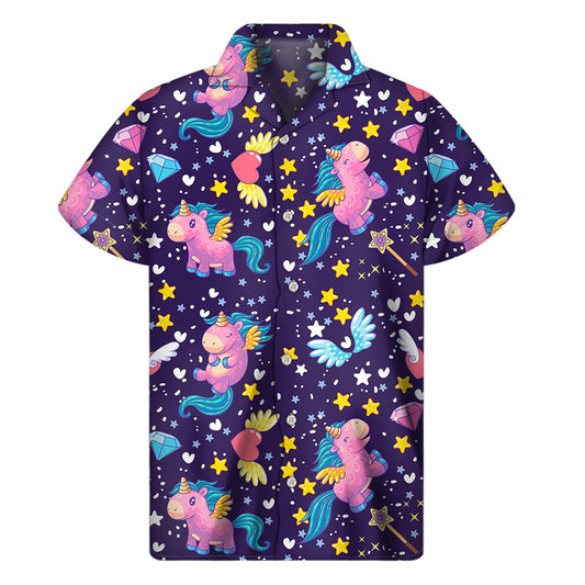 Cute Night Star Unicorn Pattern Print Men's Short Sleeve Shirt