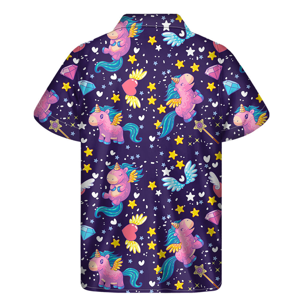 Cute Night Star Unicorn Pattern Print Men's Short Sleeve Shirt