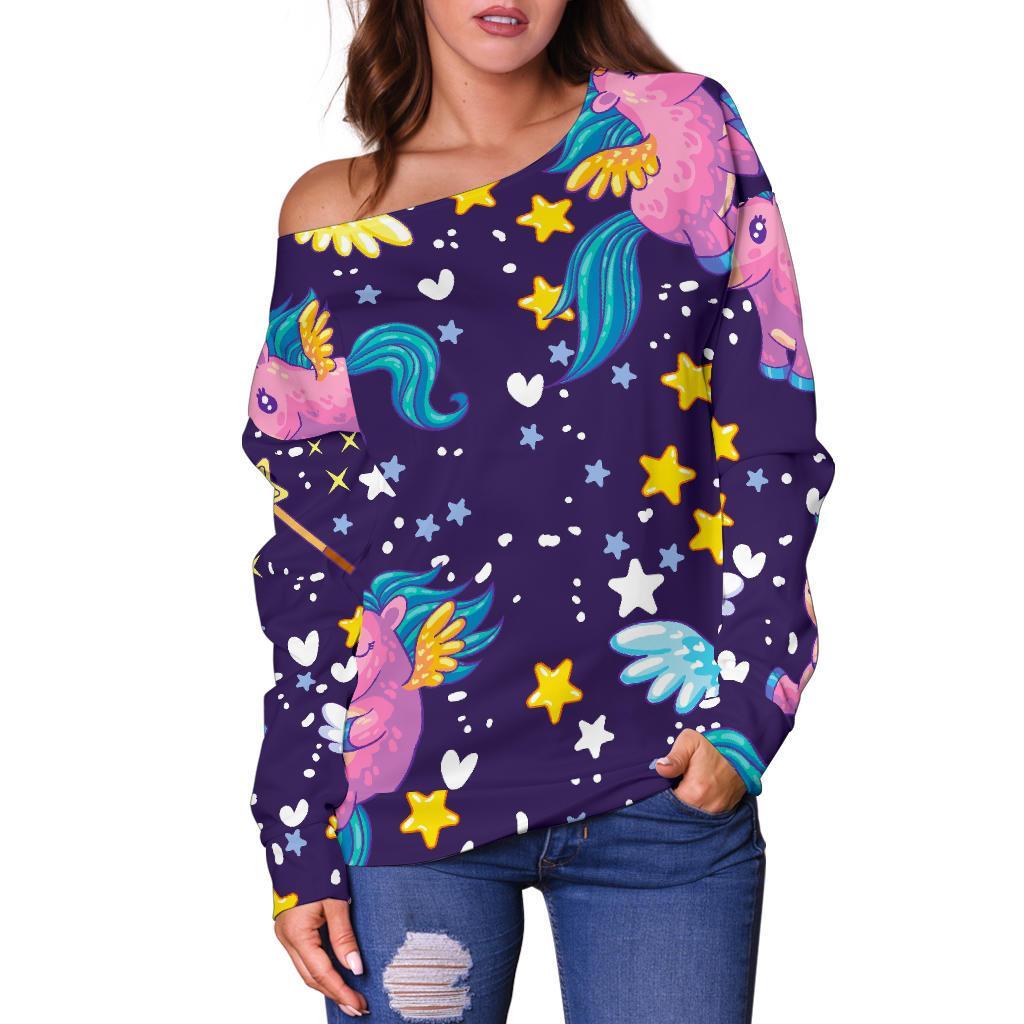 Cute Night Star Unicorn Pattern Print Off Shoulder Sweatshirt GearFrost