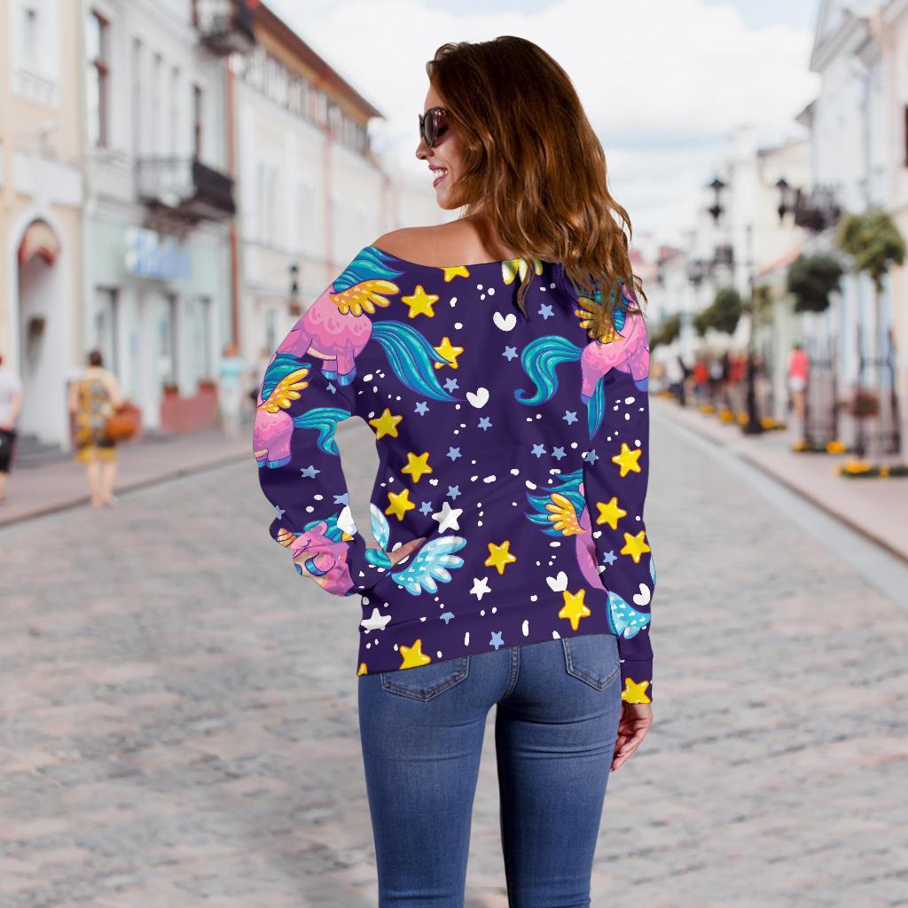 Cute Night Star Unicorn Pattern Print Off Shoulder Sweatshirt GearFrost