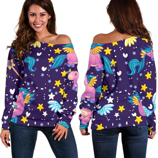 Cute Night Star Unicorn Pattern Print Off Shoulder Sweatshirt GearFrost