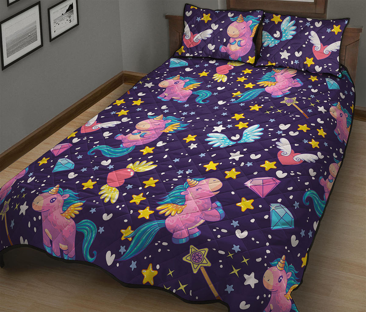 Cute Night Star Unicorn Pattern Print Quilt Bed Set