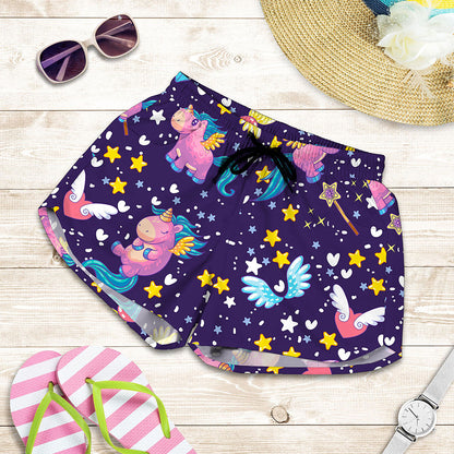 Cute Night Star Unicorn Pattern Print Women's Shorts
