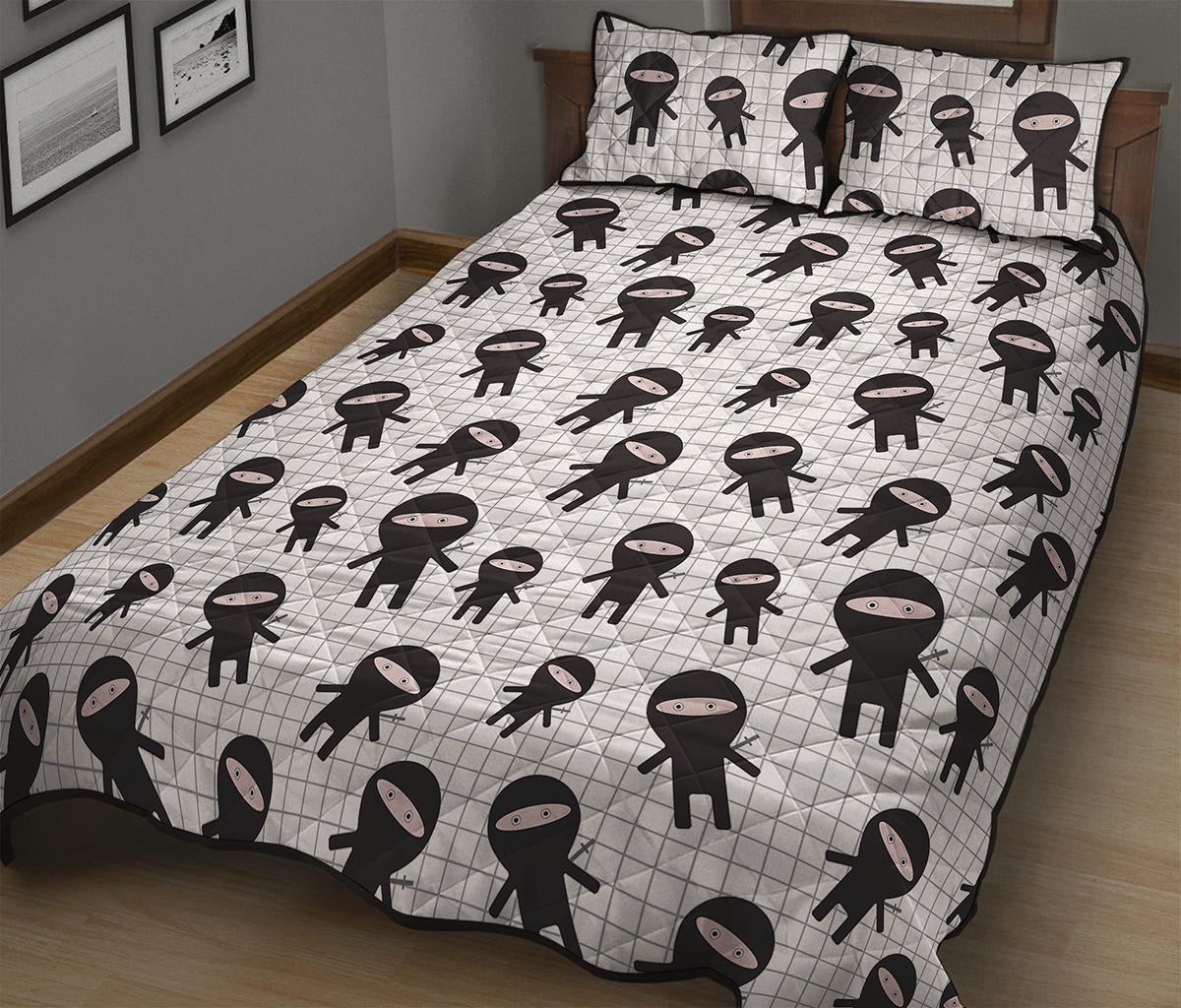 Cute Ninja Pattern Print Quilt Bed Set