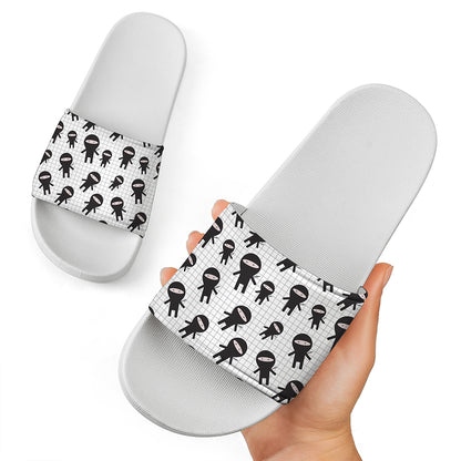 Cute Ninja Pattern Print White Slide Sandals